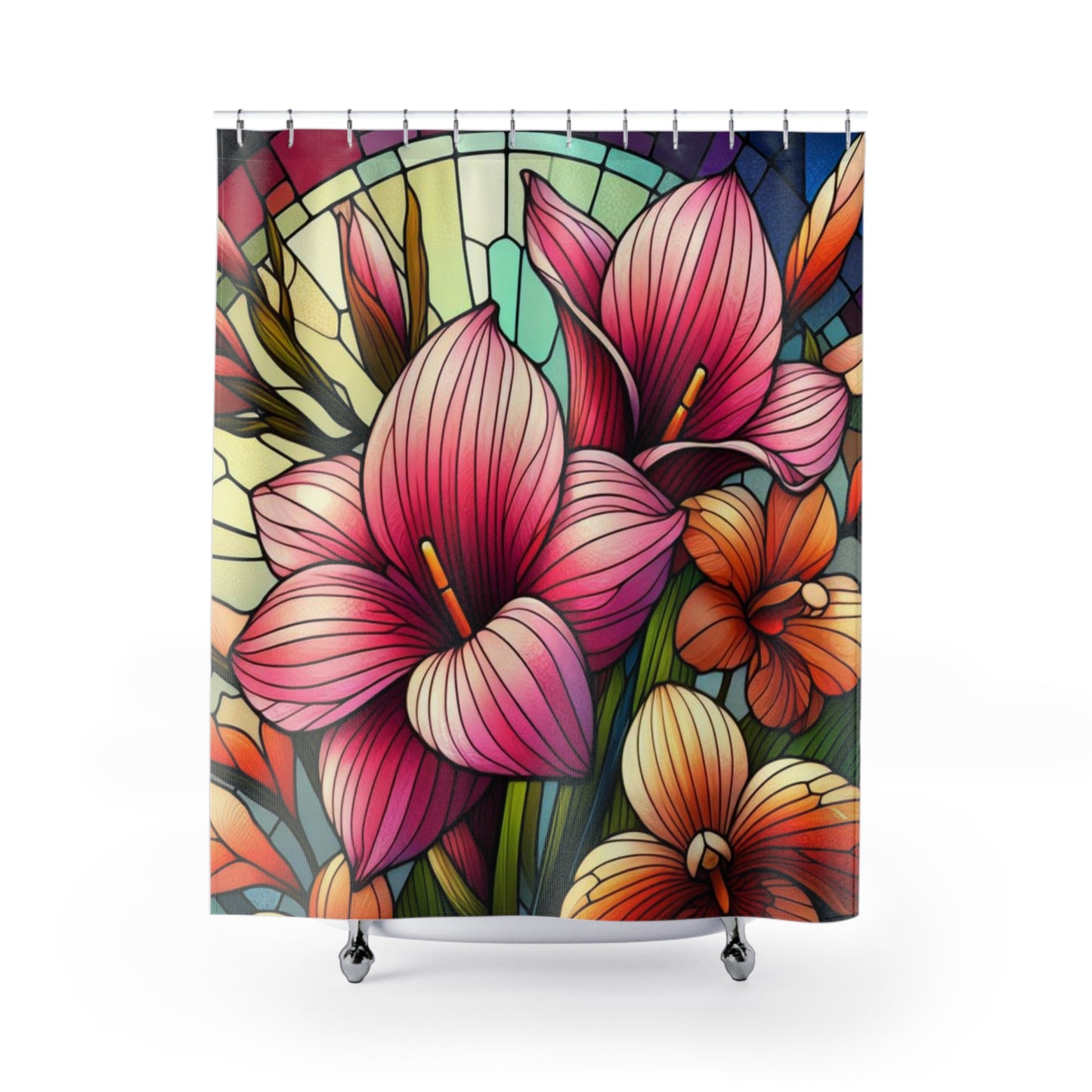 Stained Glass Window Pink And Orange Floral Shower Curtain