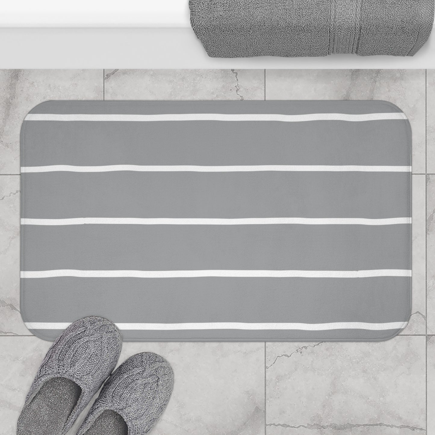 Light Grey Organic Flow White Stripe Bath Mat