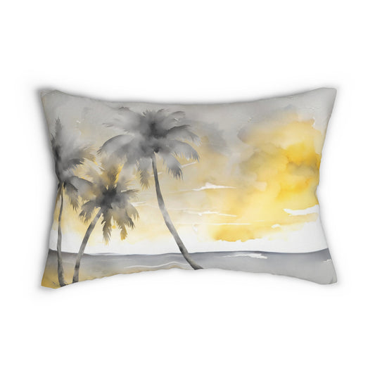 Yellow Grey And White Beach Scene Lumbar Pillow