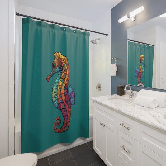 Colorful Seahorse In Teal Shower Curtain