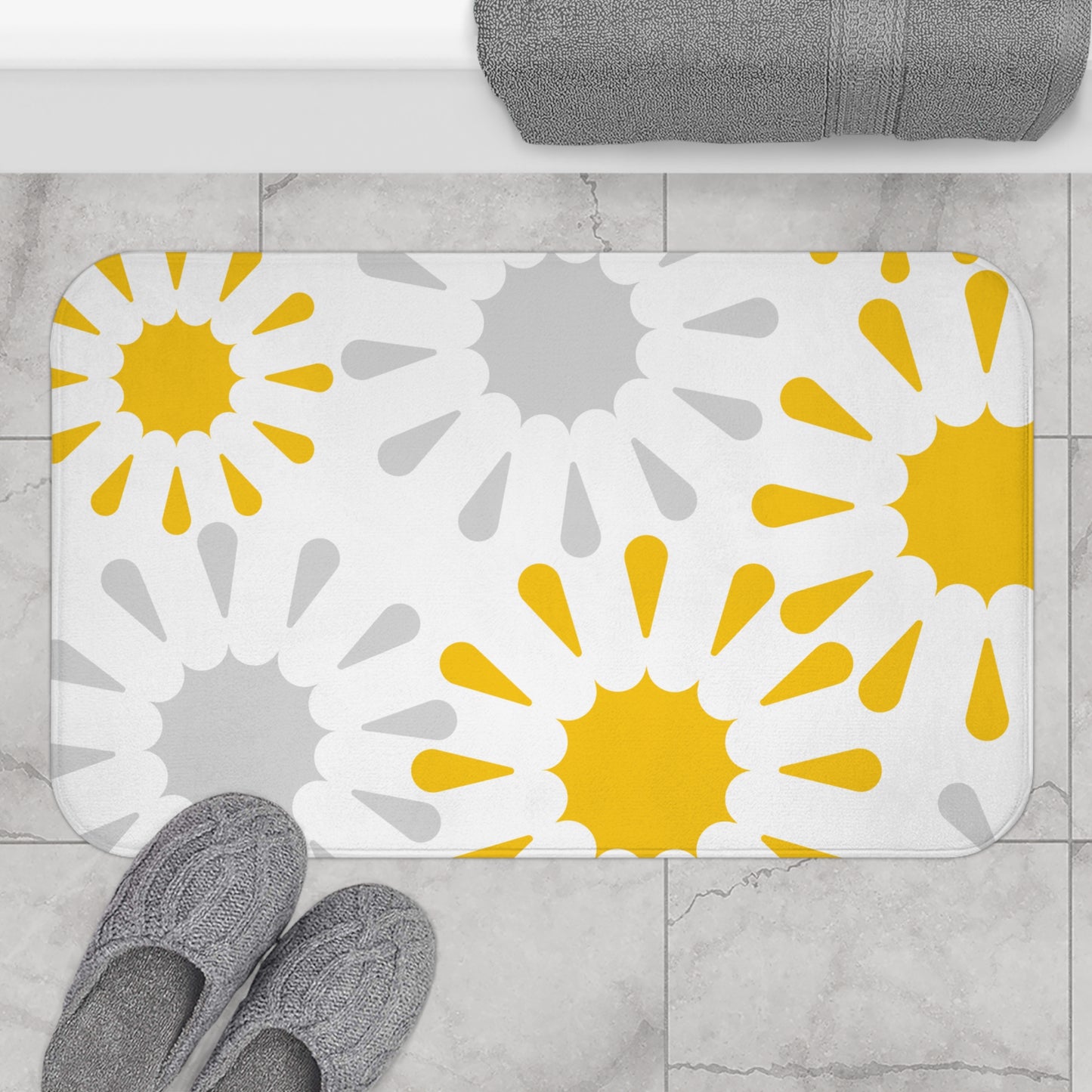 White Grey And Yellow Starburst Bath Mat