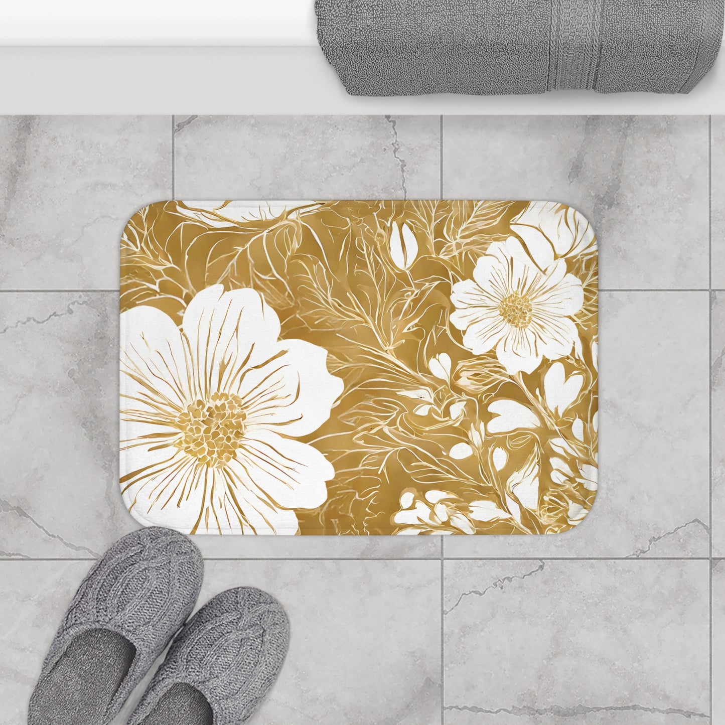 Gold And White Graphic Floral Bath Mat