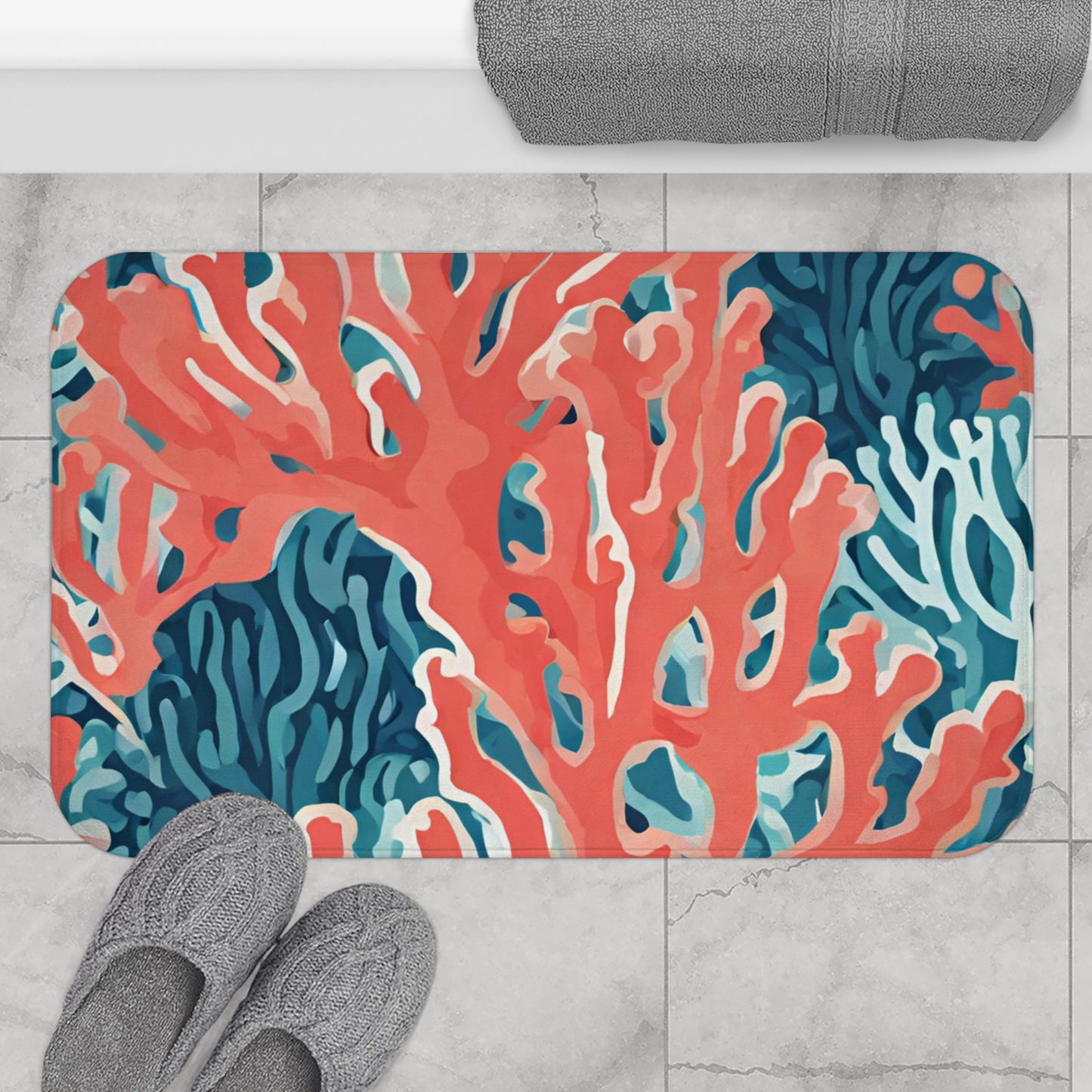 Orange Blue And White Coral Bath Mat