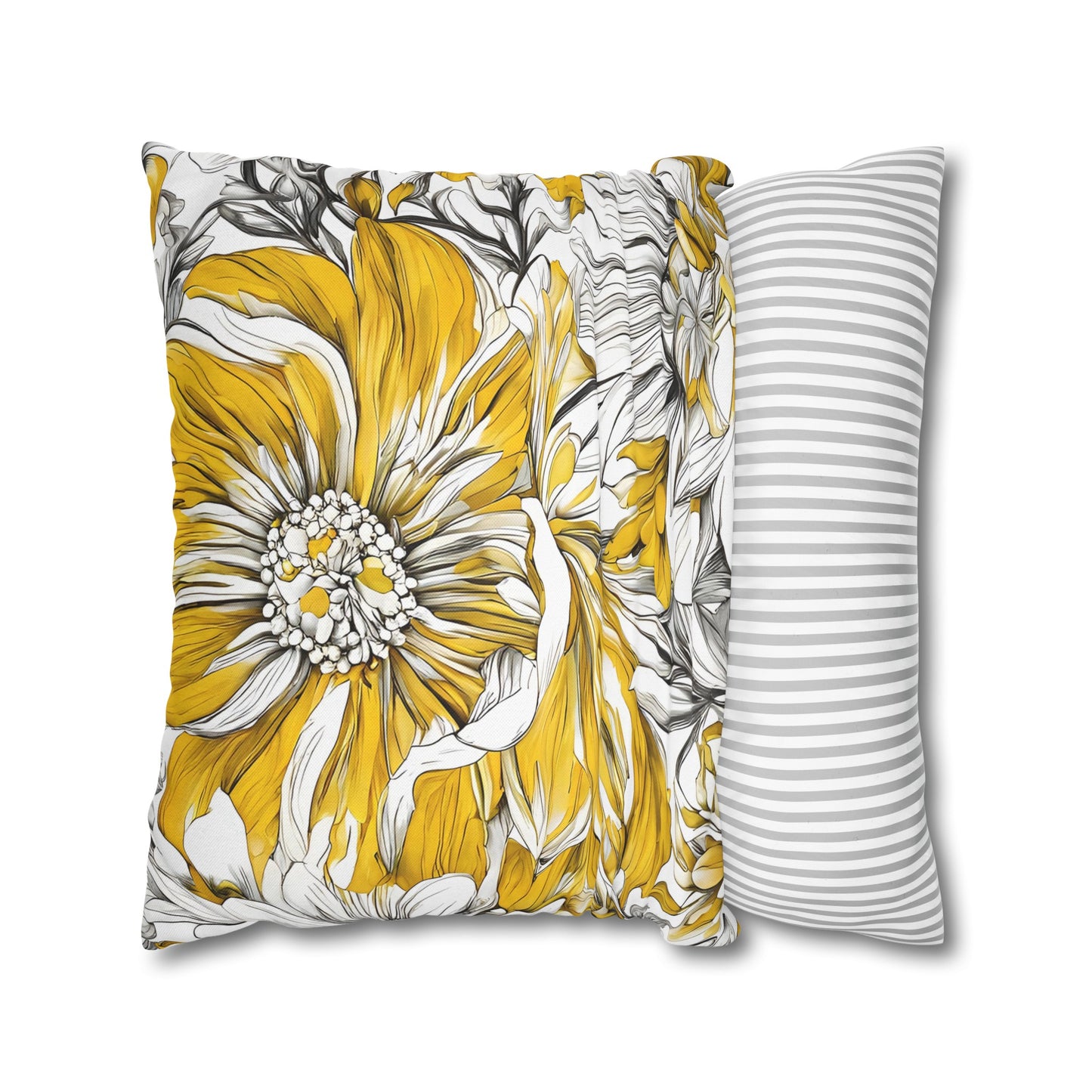 Yellow Grey And White Graphic Floral Throw Pillow Cover