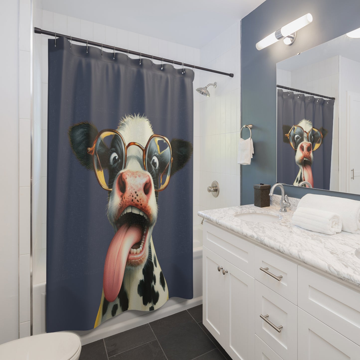 Crazy Cow In Navy Blue Shower Curtain