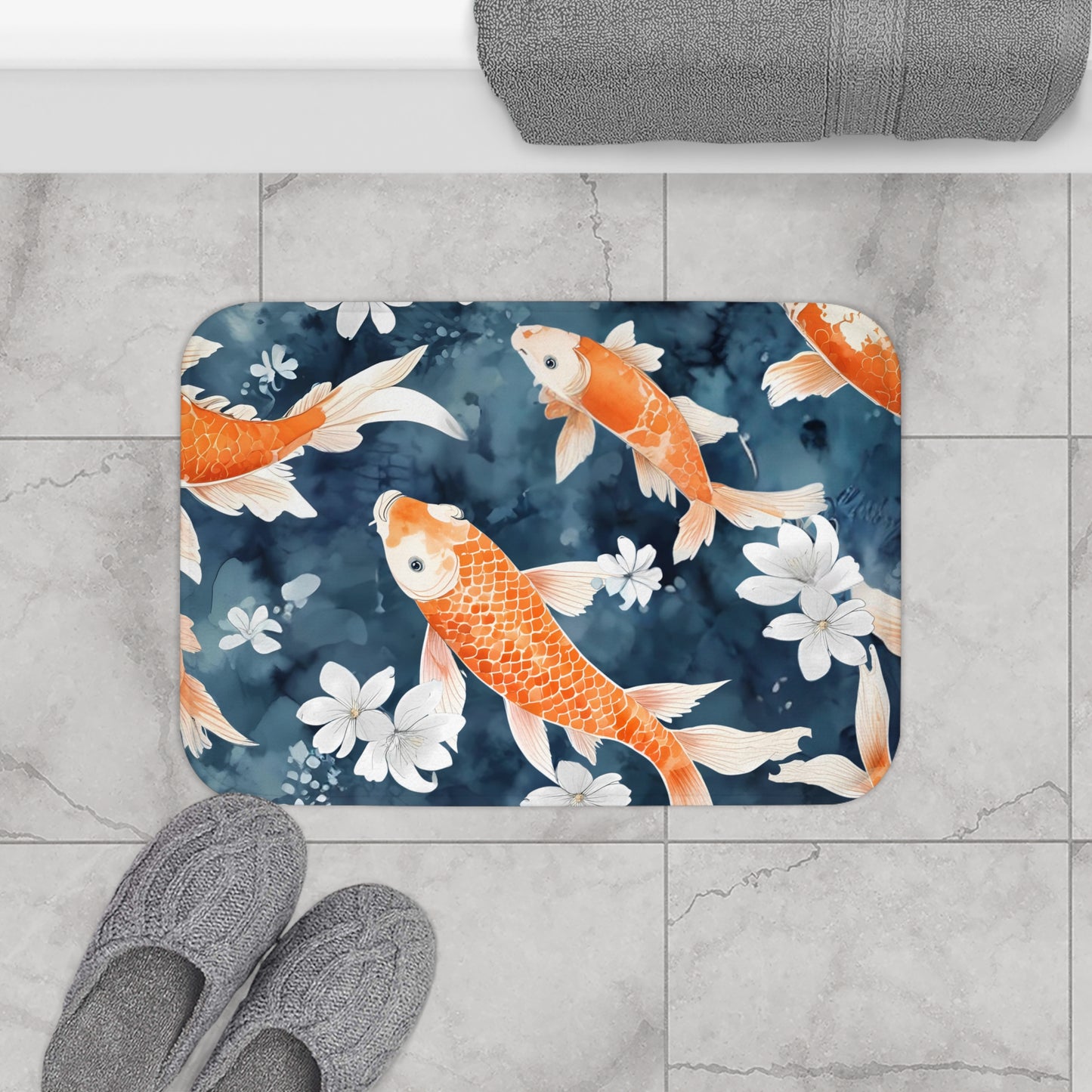 Blue Orange And White Koi Floral Bath Mat