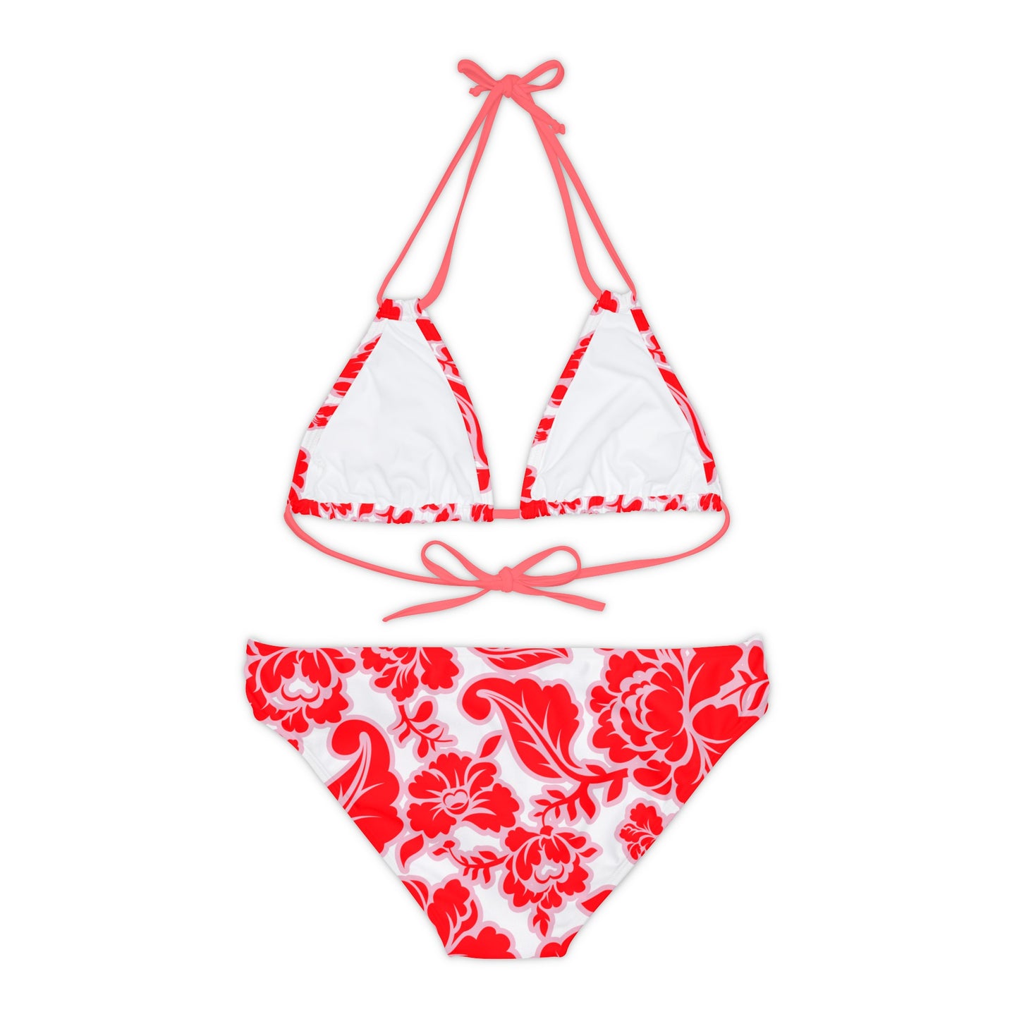 Red And Pink Graphic Floral On White Two-Piece String Bikini Set