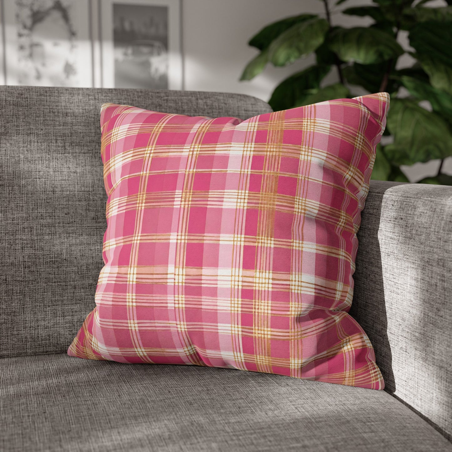 Pink And Gold Plaid Throw Pillow Cover