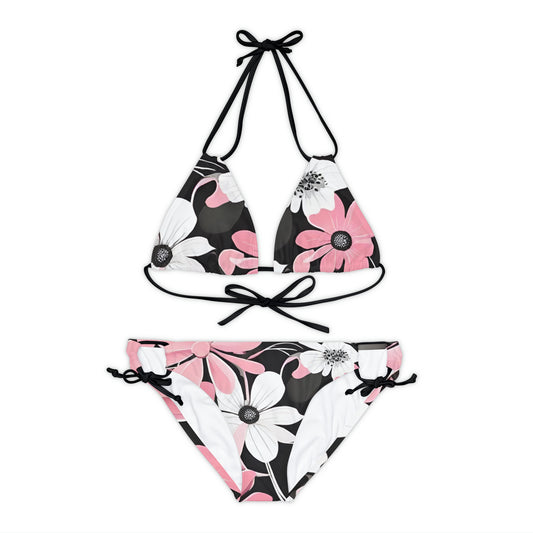 Pink & White Flowers On Black Background, Two Piece Bikini Set