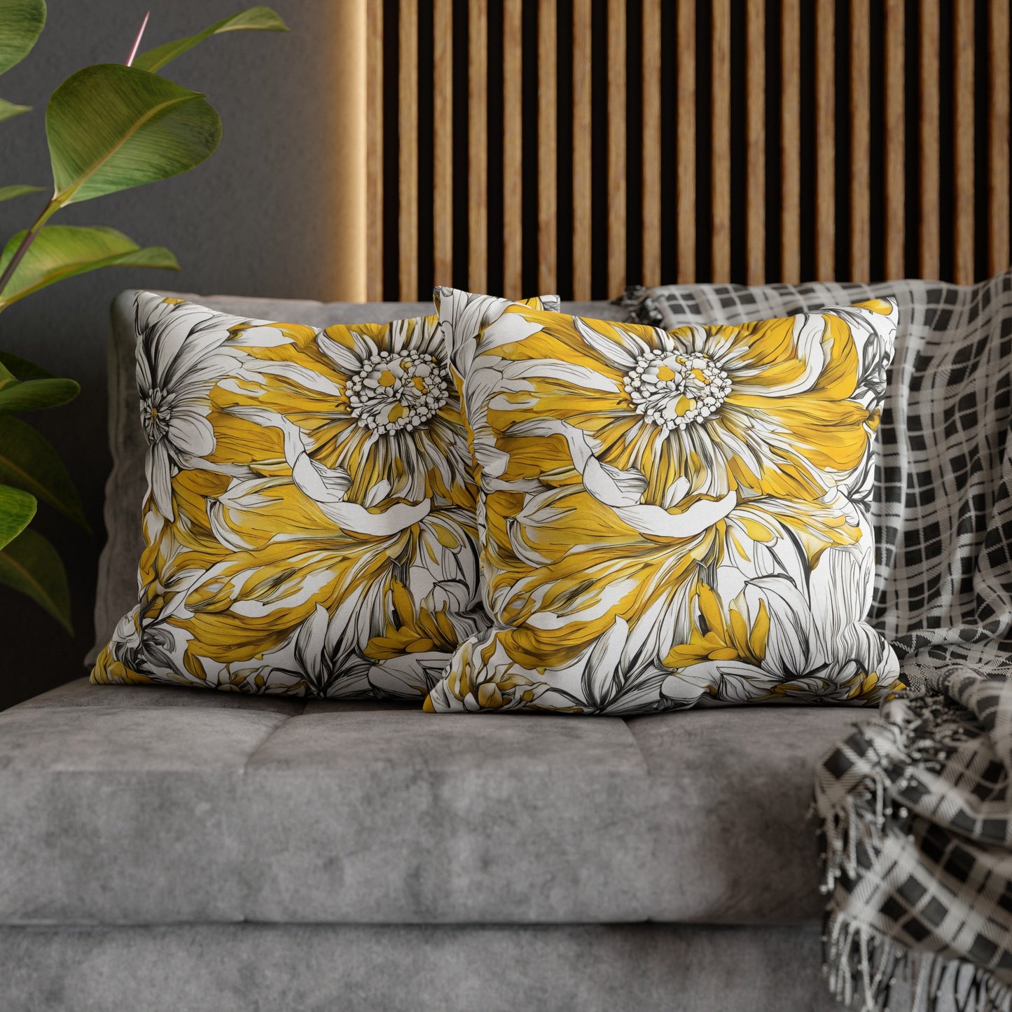 Yellow Grey And White Graphic Floral Throw Pillow Cover