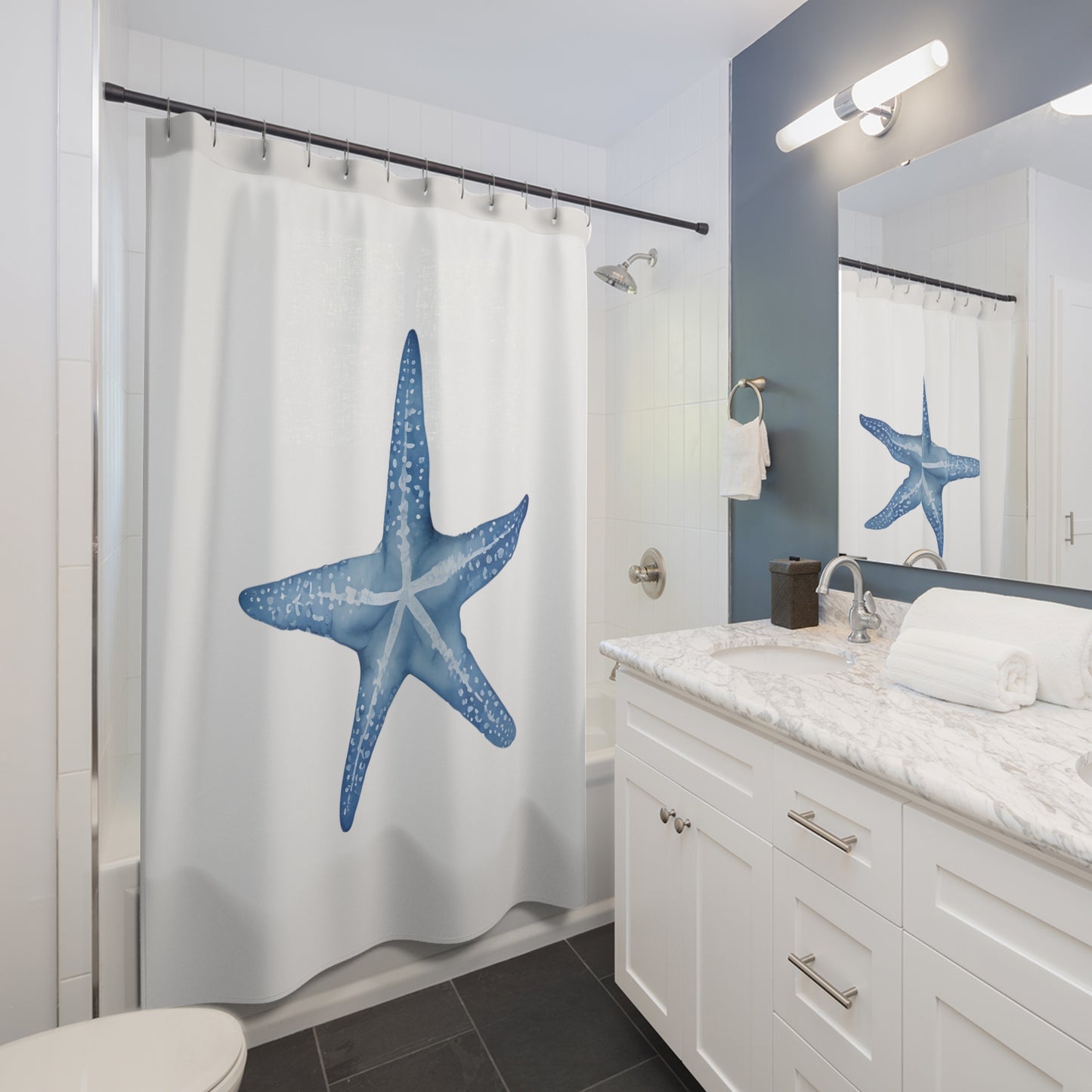 Blue Starfish In White Shower Curtain