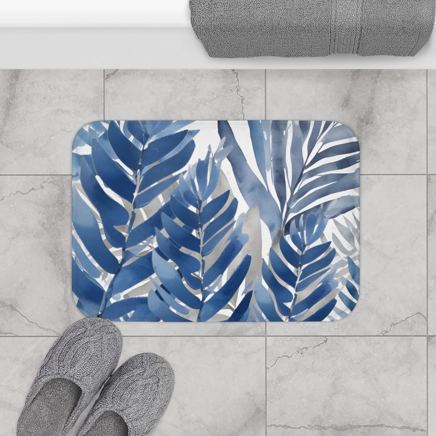 Blue Grey White Palm Fronds Floral Bath Mat