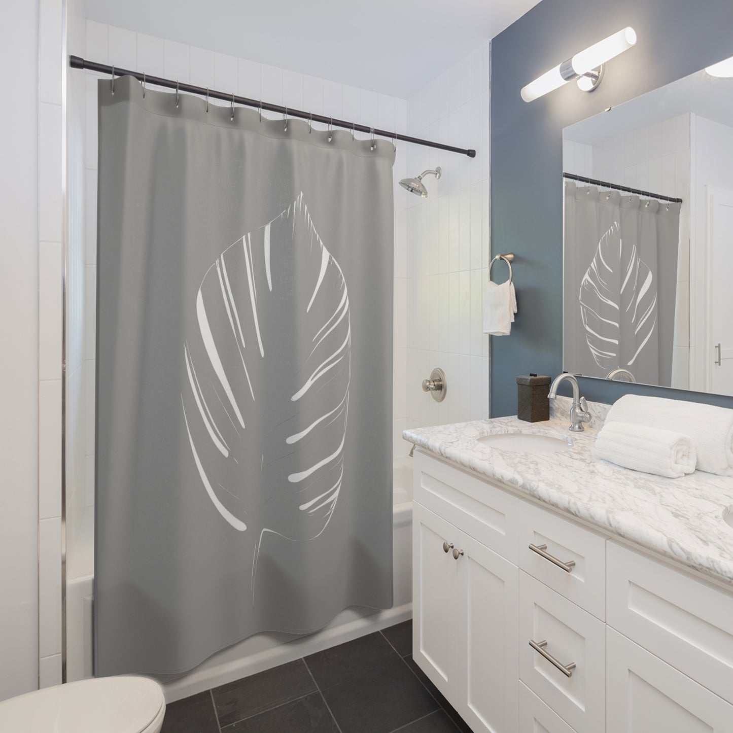 Modern Organic White Leaf Outline In Grey Shower Curtain