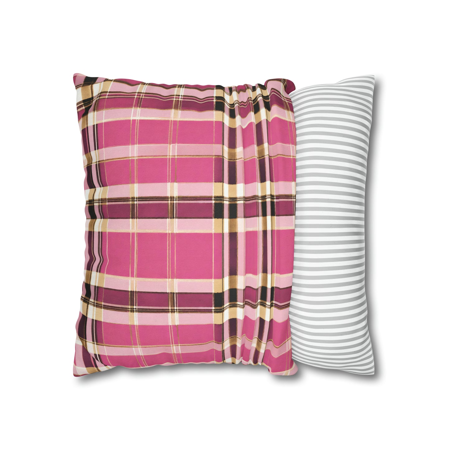 Pink, Gold, And Black Plaid Throw Pillow Cover