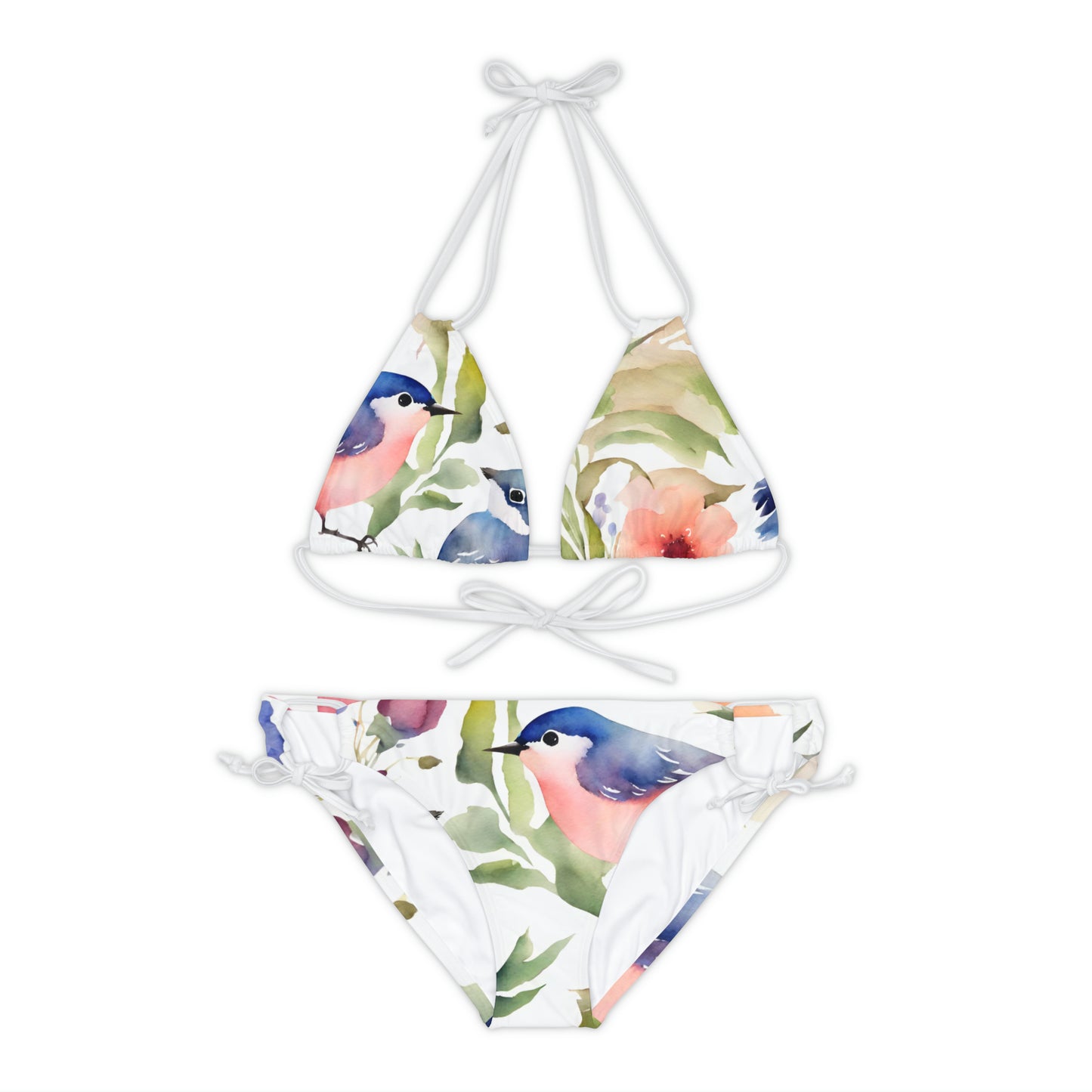 Pink Blue And Green Floral Bird Two Piece Bikini Set