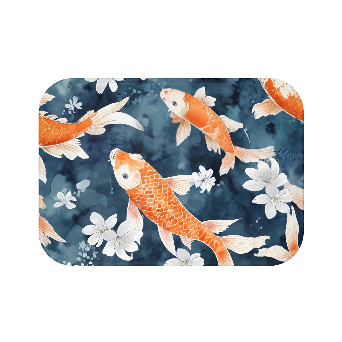 Blue Orange And White Koi Floral Bath Mat