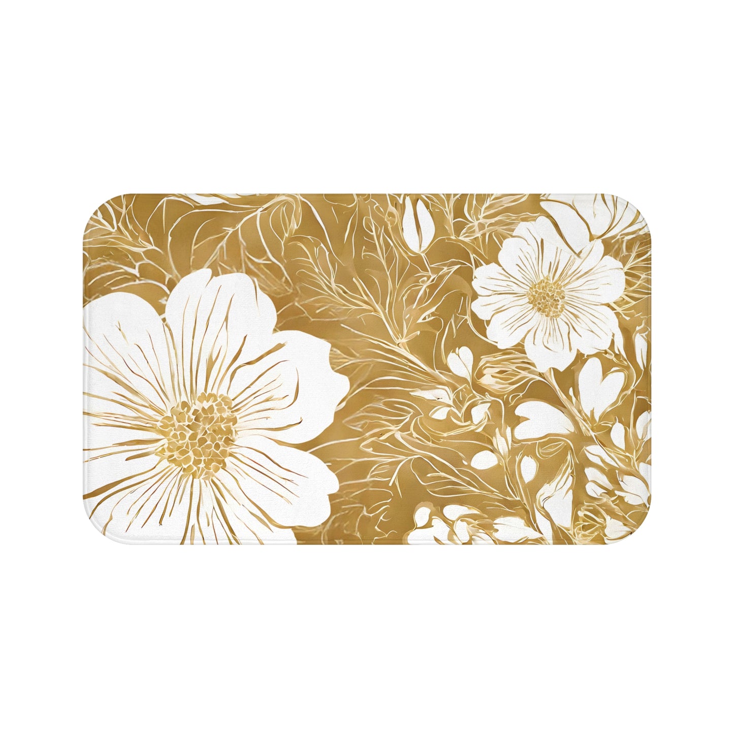 Gold And White Graphic Floral Bath Mat