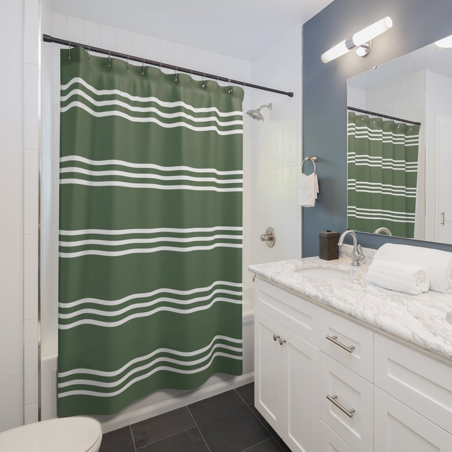 Green And White Striped Shower Curtain