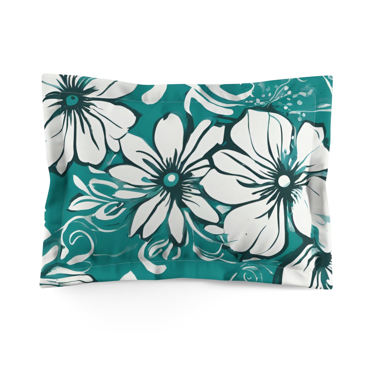 Turquoise And White Graphic Floral Pillow Sham