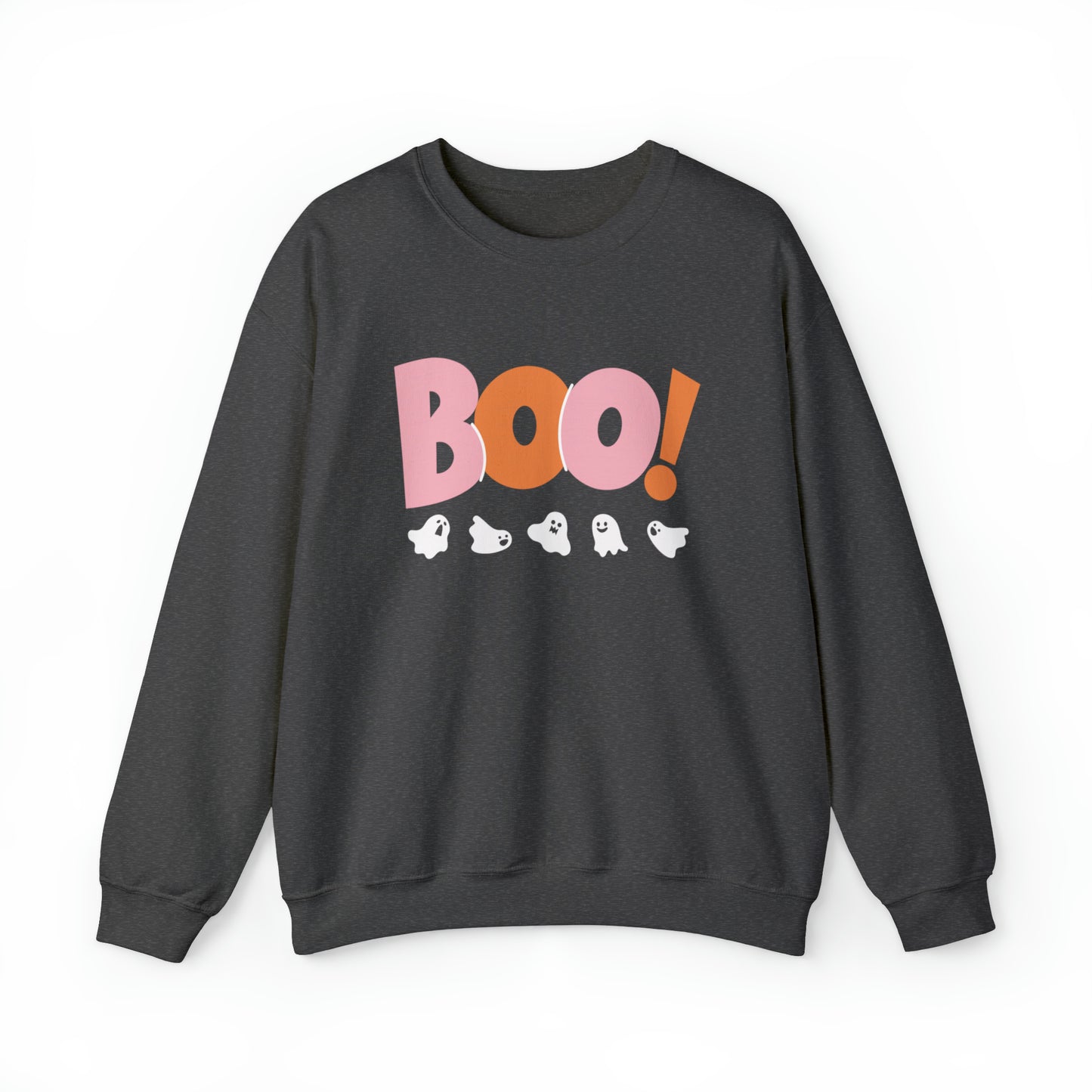 Halloween Vibes, BOO & Ghosts Heavy Blend™ Crewneck Sweatshirt (In Black And Orange)