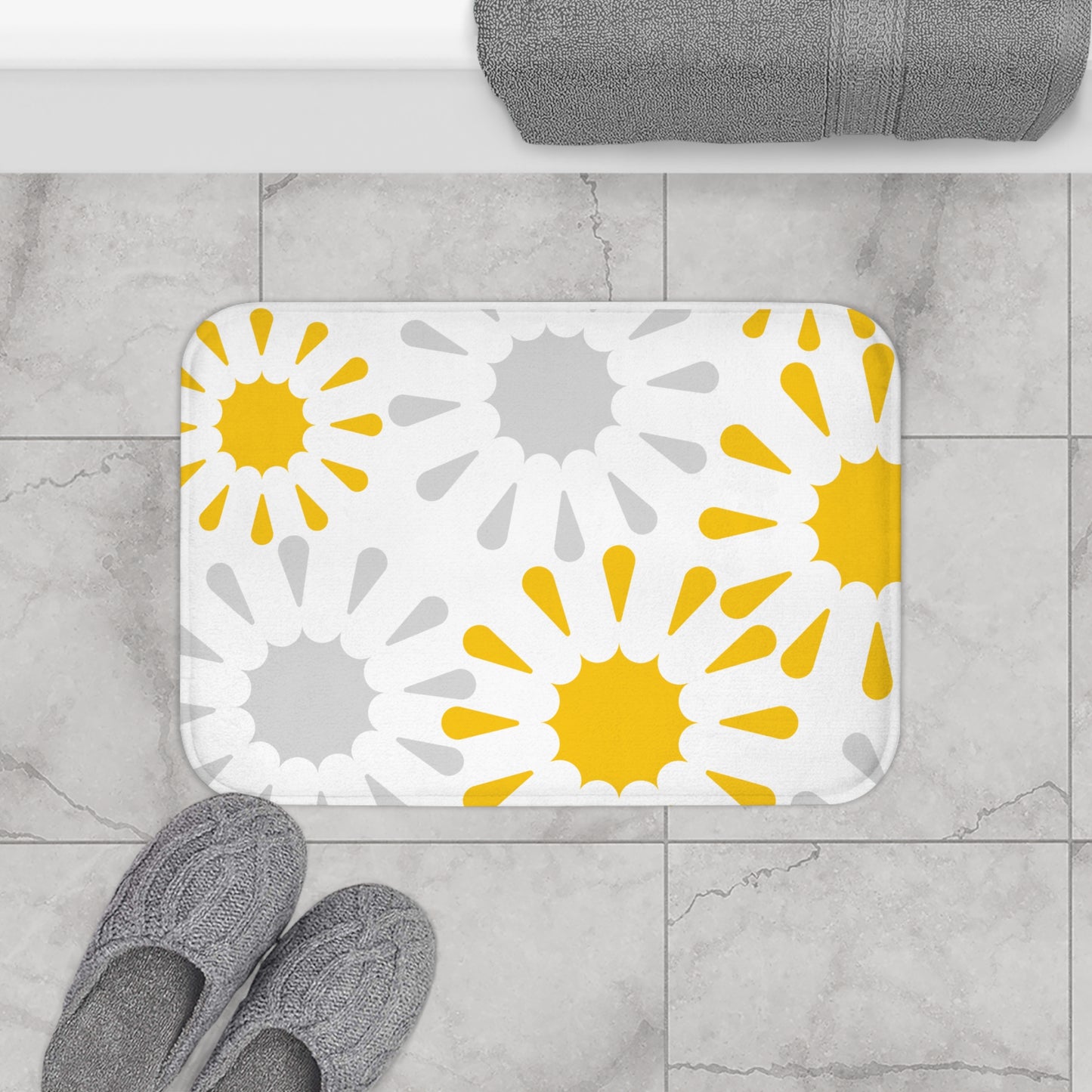 White Grey And Yellow Starburst Bath Mat