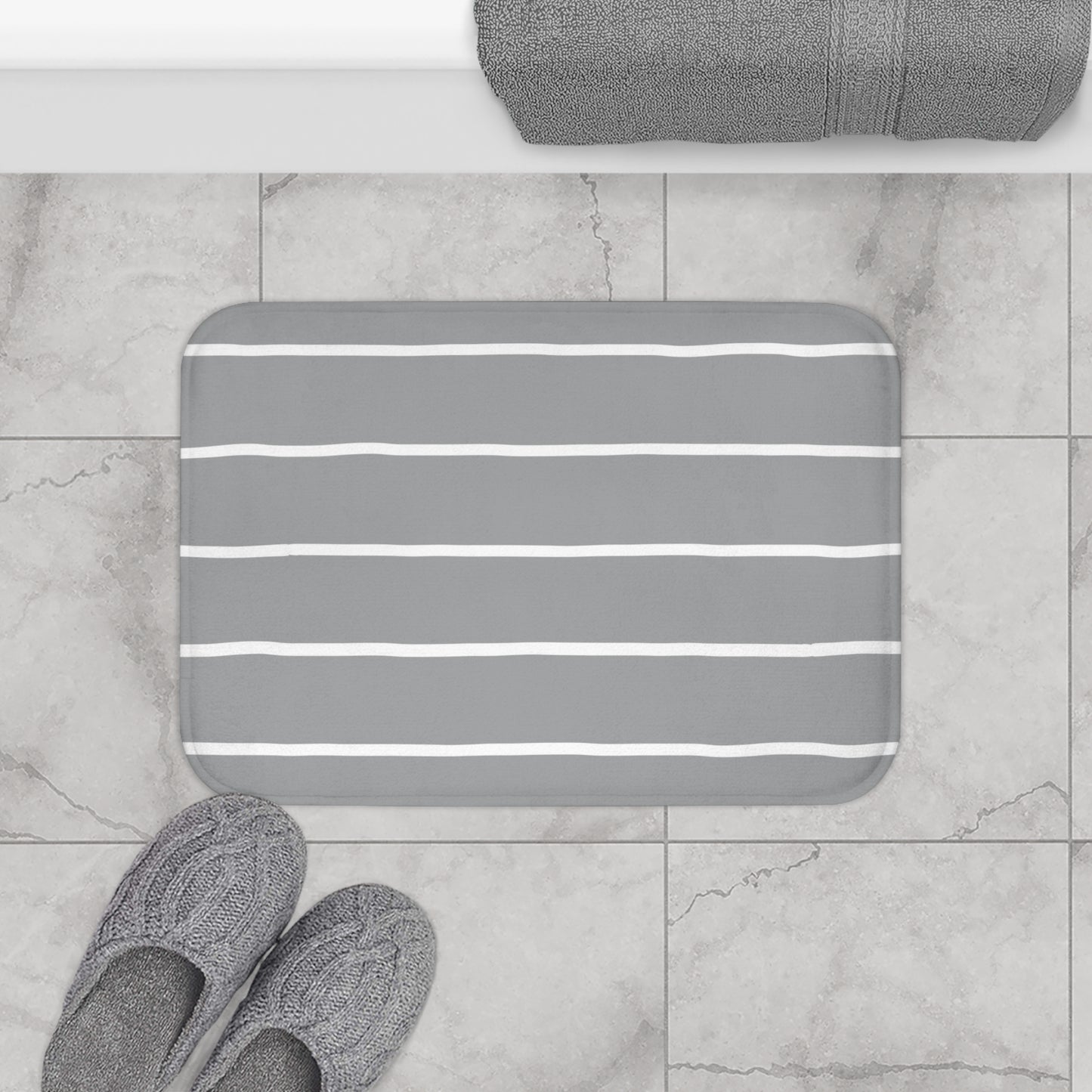 Light Grey Organic Flow White Stripe Bath Mat