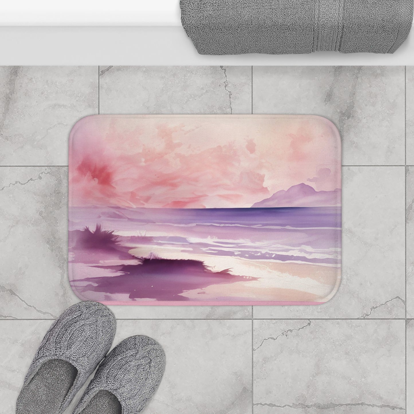 Sunset Paradise Purple And Orange Watercolor Style Bath Mat