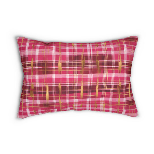 Red, Pink, And Gold Plaid Lumbar Pillow