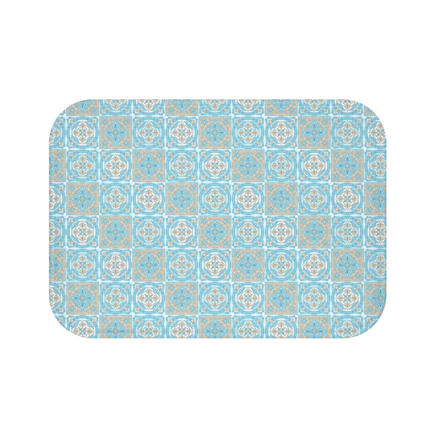 Blue Biege And White Moroccan Tile Bath Mat