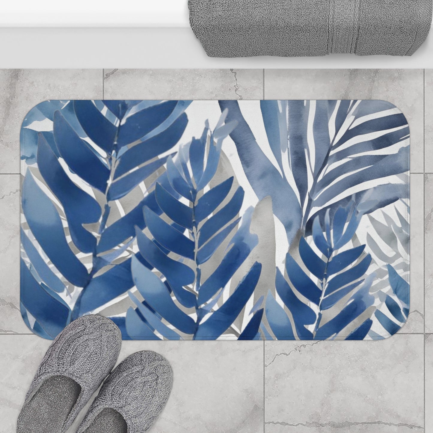 Blue Grey White Palm Fronds Floral Bath Mat