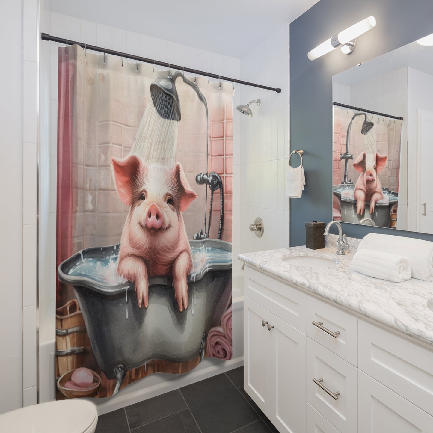 Adorable Piggy In A Tub Country Farmhouse Shower Curtain