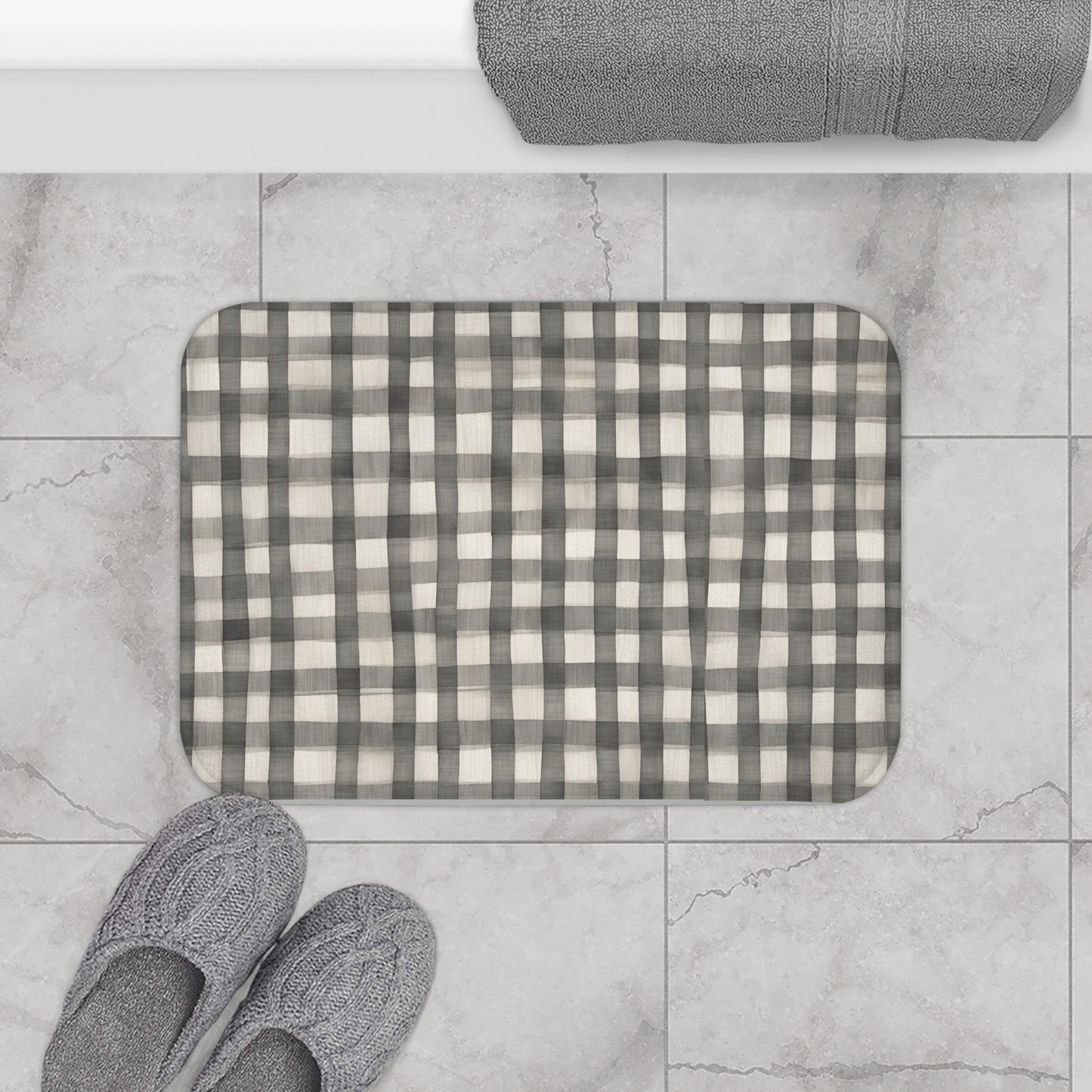 Grey And Cream Loose Checker Plaid Floral Bath Mat