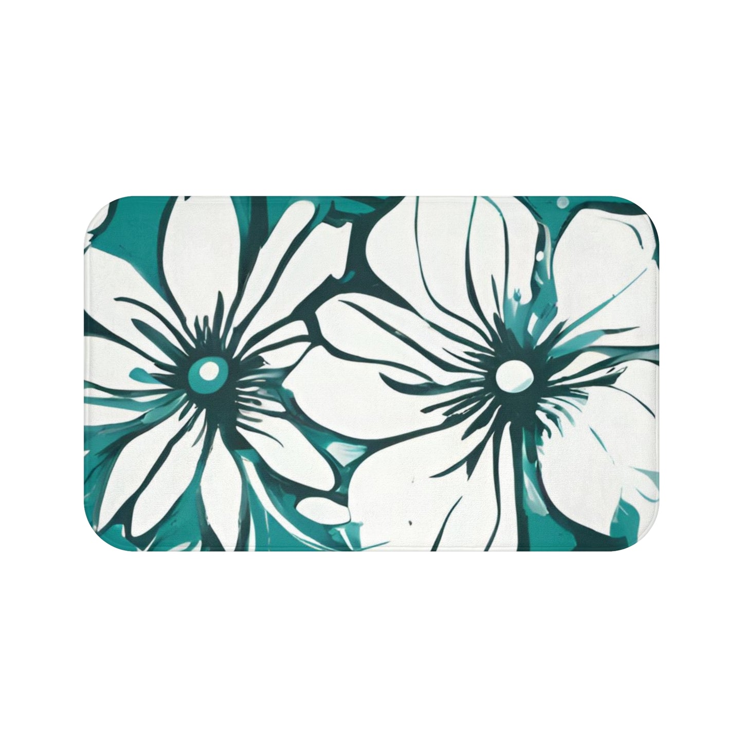 Turquoise And White Graphic Floral Bath Mat