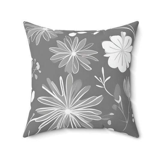 Grey And White Floral Decorative Throw Pillow