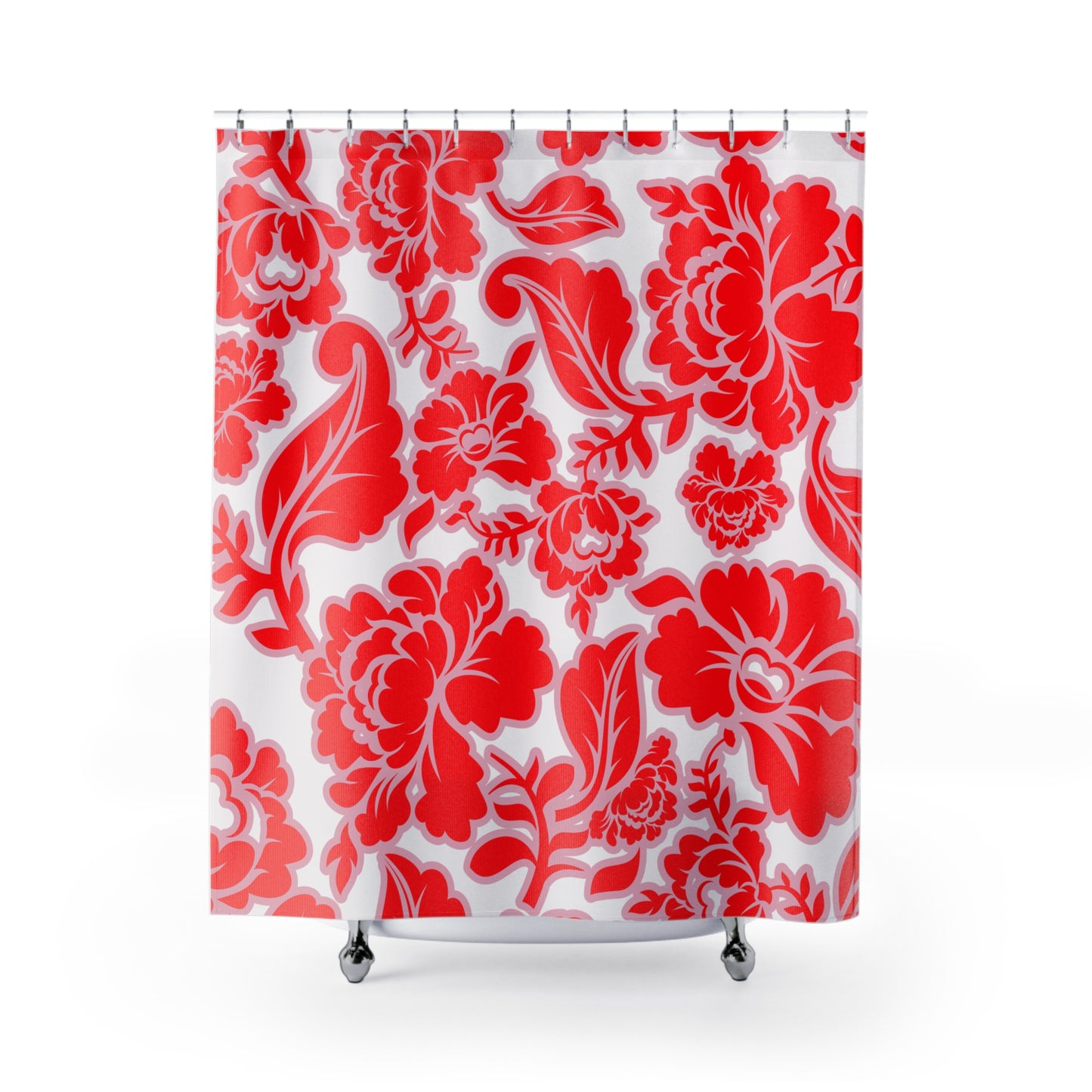 Red Pink And White Graphic Floral Shower Curtain