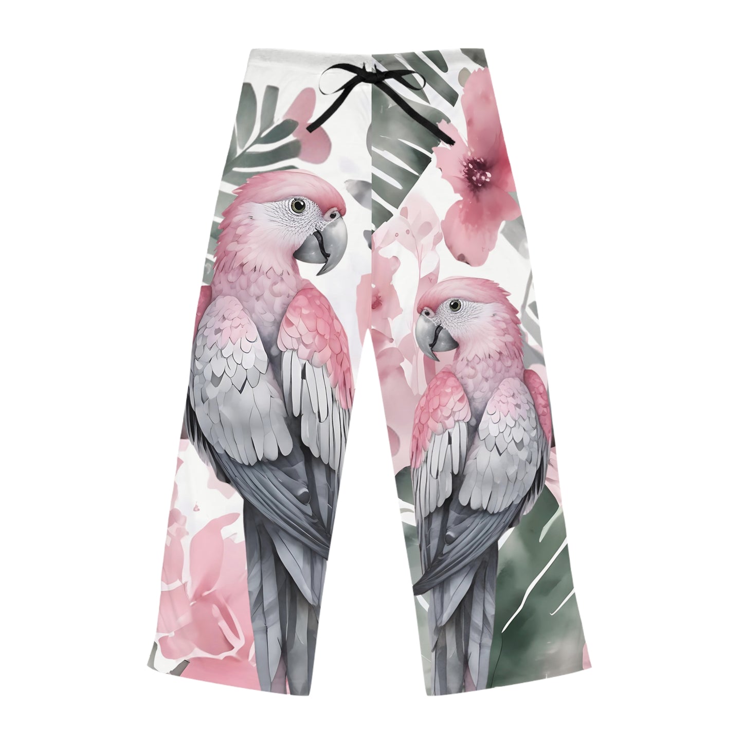 Playful Parrots In Muted Tones Of Grey Green And Pink Pajammy Pants