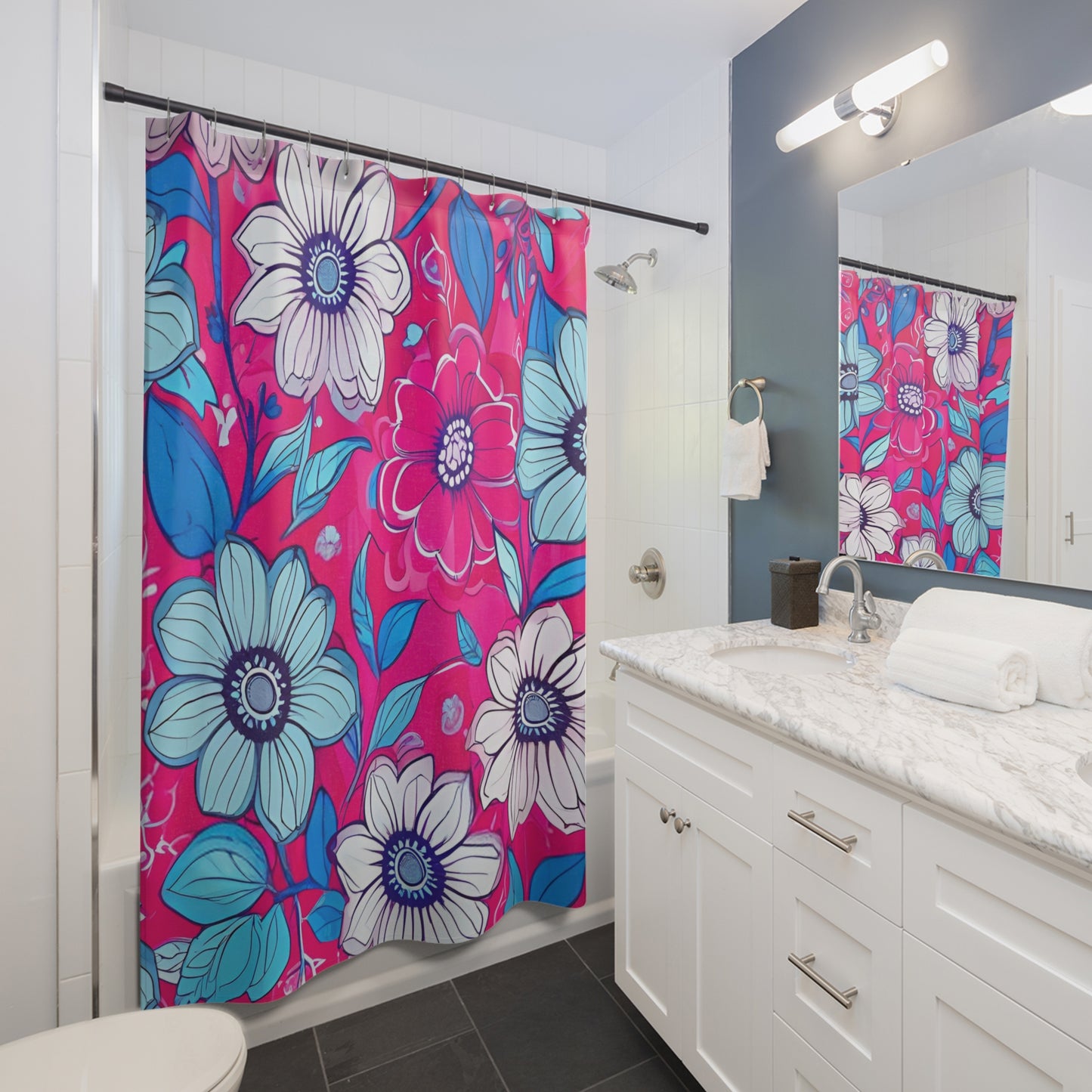 Hot Pink White And Blue Floral Shower Curtain