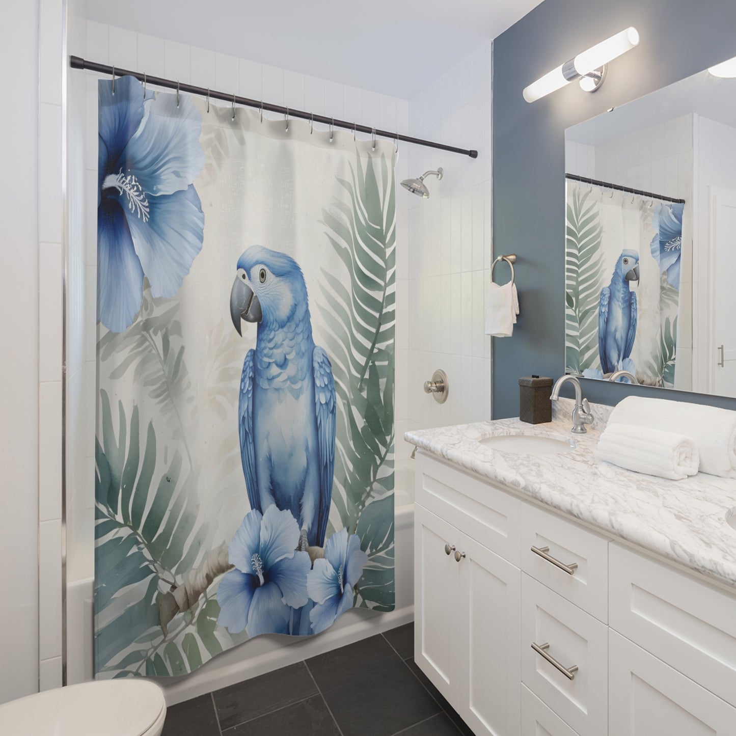 Blue And Green Tropical Floral Parrot Shower Curtain