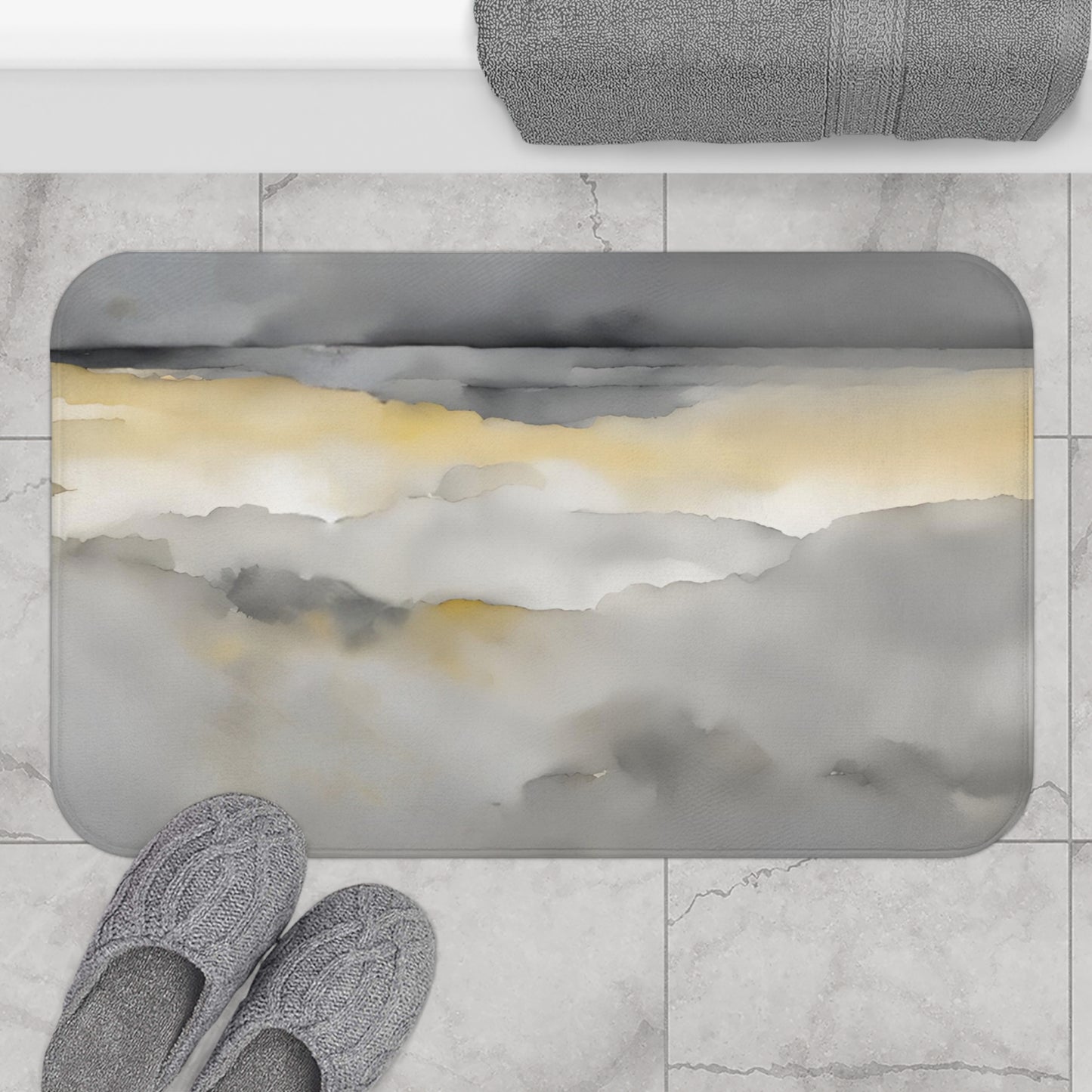 Yellow Grey And White Watercolor Style Bath Mat