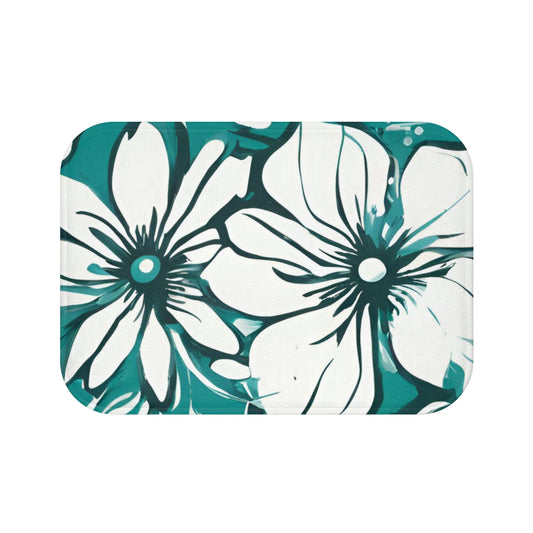 Turquoise And White Graphic Floral Bath Mat