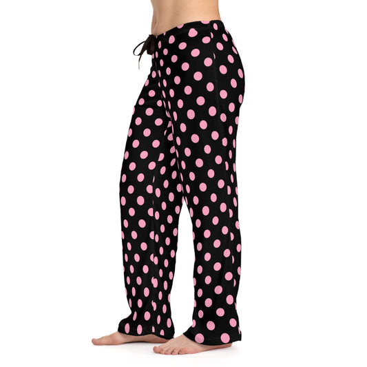 Pink Polka Dots Women's Pajammy Pants In Black