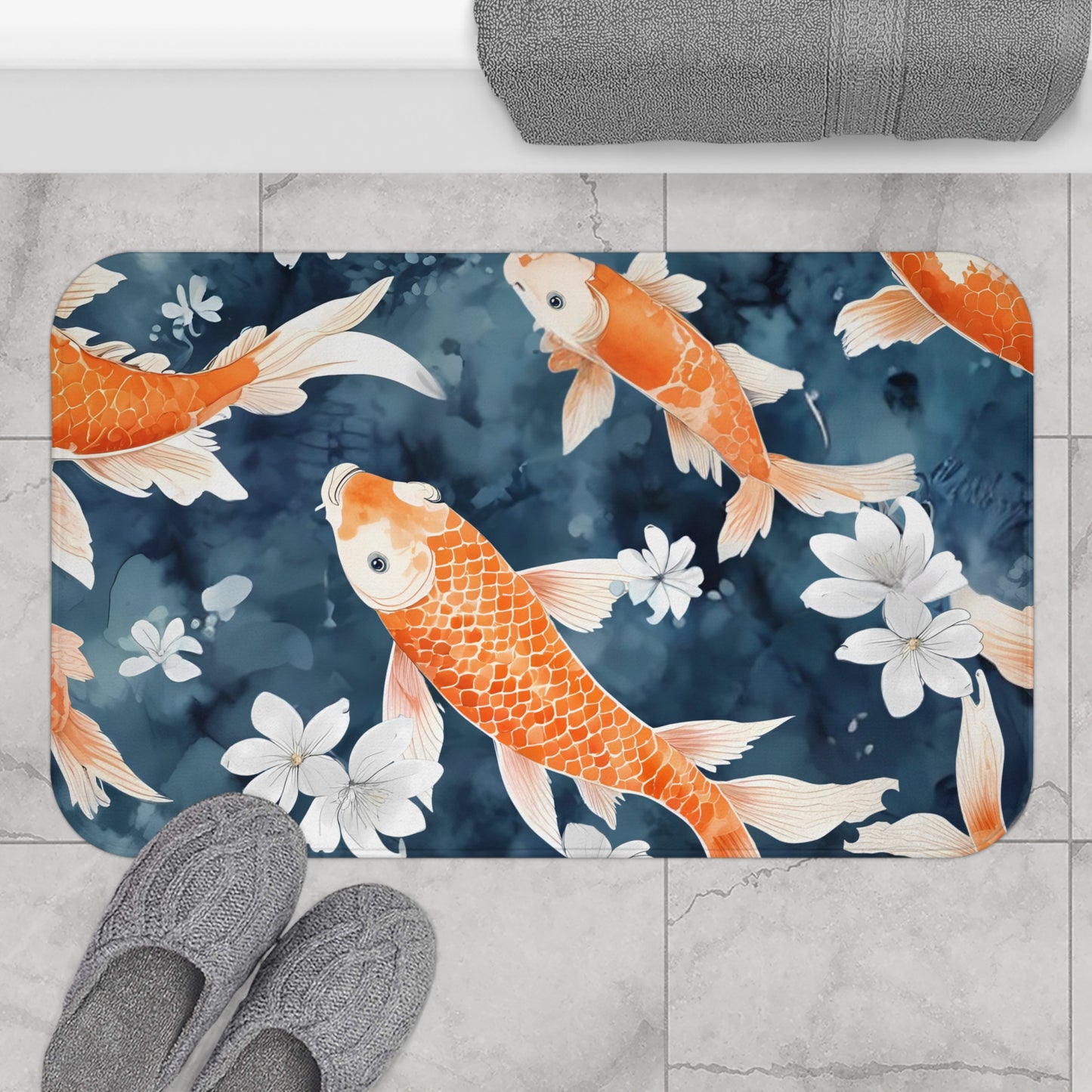 Blue Orange And White Koi Floral Bath Mat