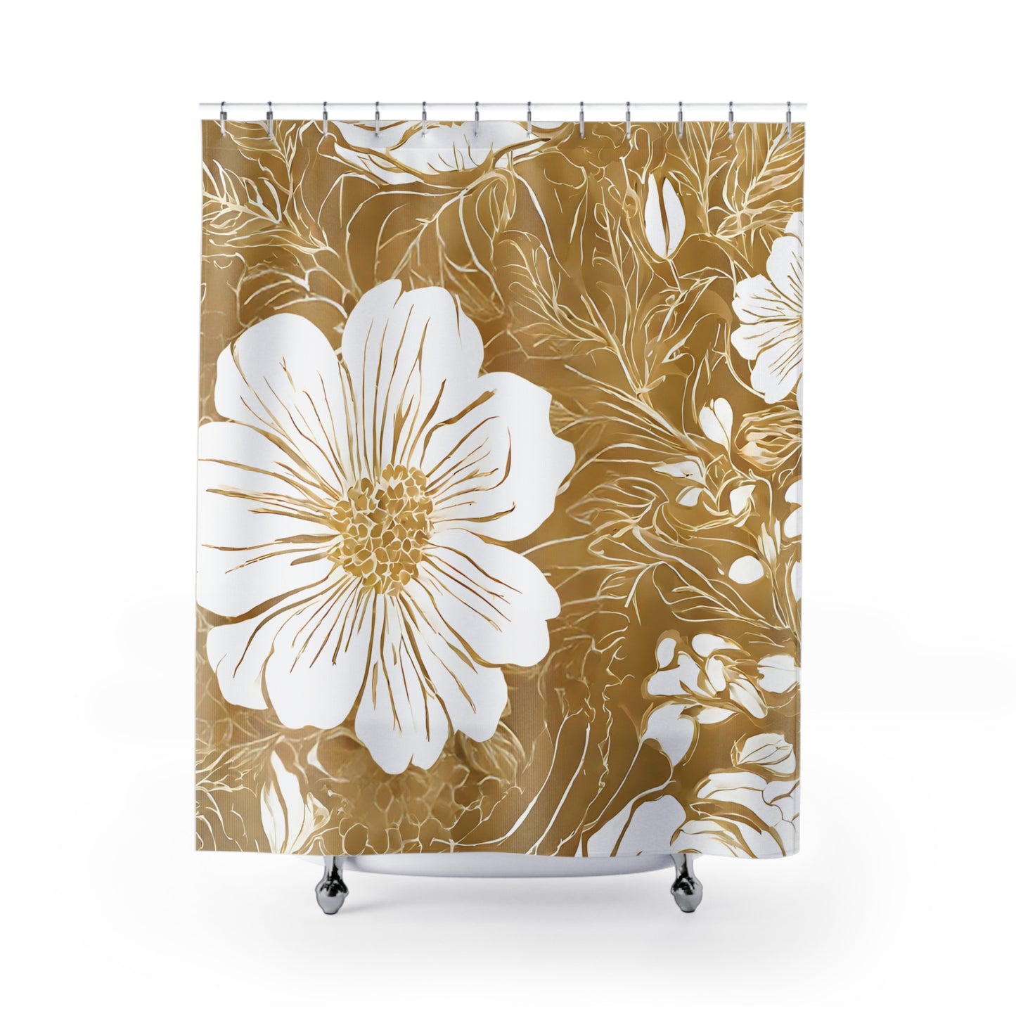 Gold And White Graphic Floral Shower Curtain