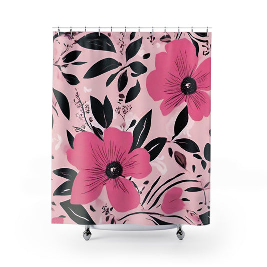 Pink & Black Modern Floral Shower Curtain