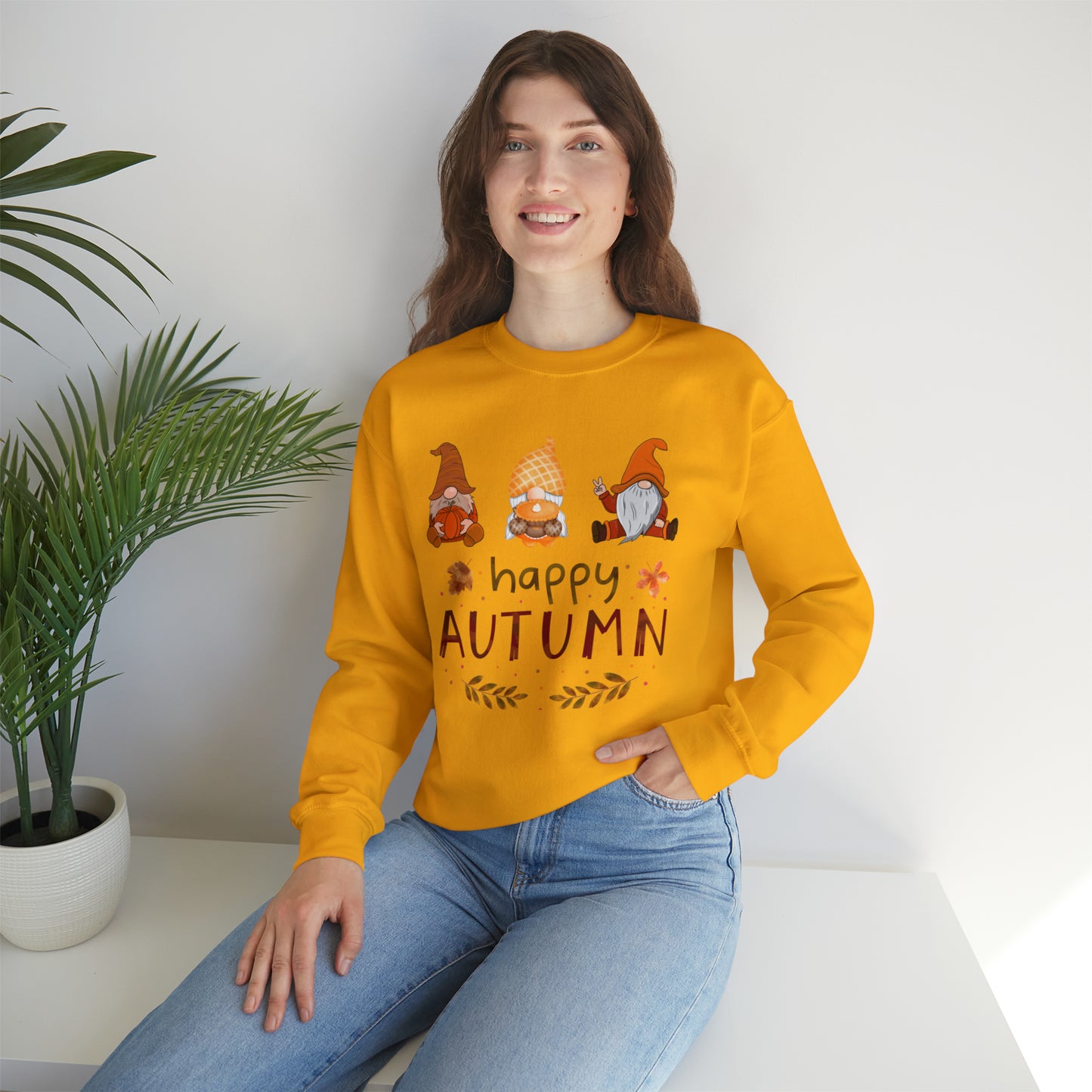 Happy Autumn, Gnome Trio, Heavy Blend™ Crewneck Sweatshirt (Available In Other Colors)