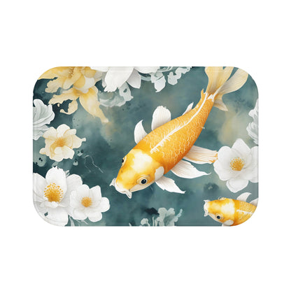 Teal Orange And White Koi Floral Bath Mat