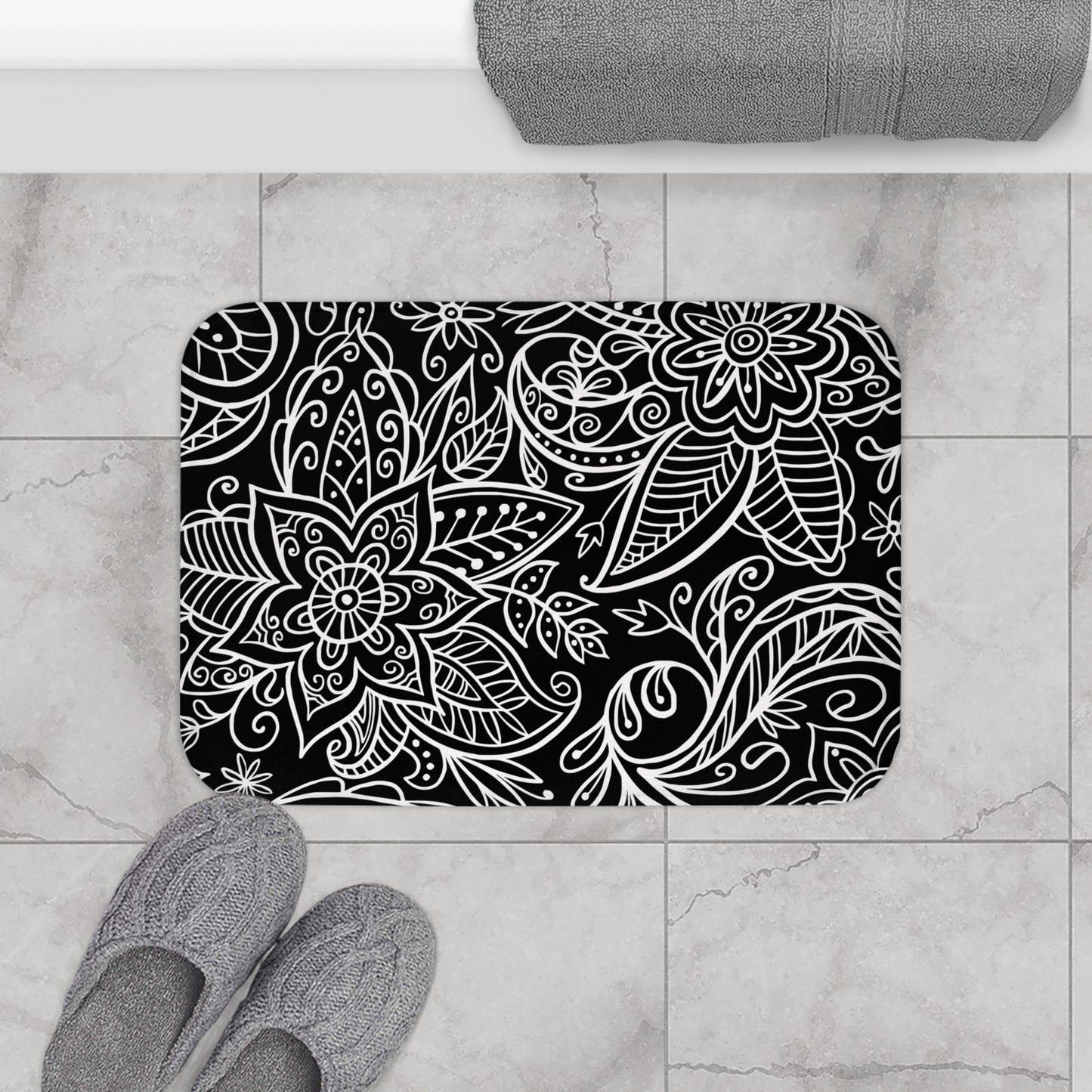 Black And Light Grey Graphic Floral Bath Mat