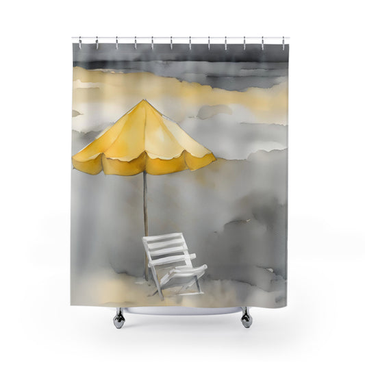 Yellow Umbrella Beach Scene Yellow Grey White Shower Curtain