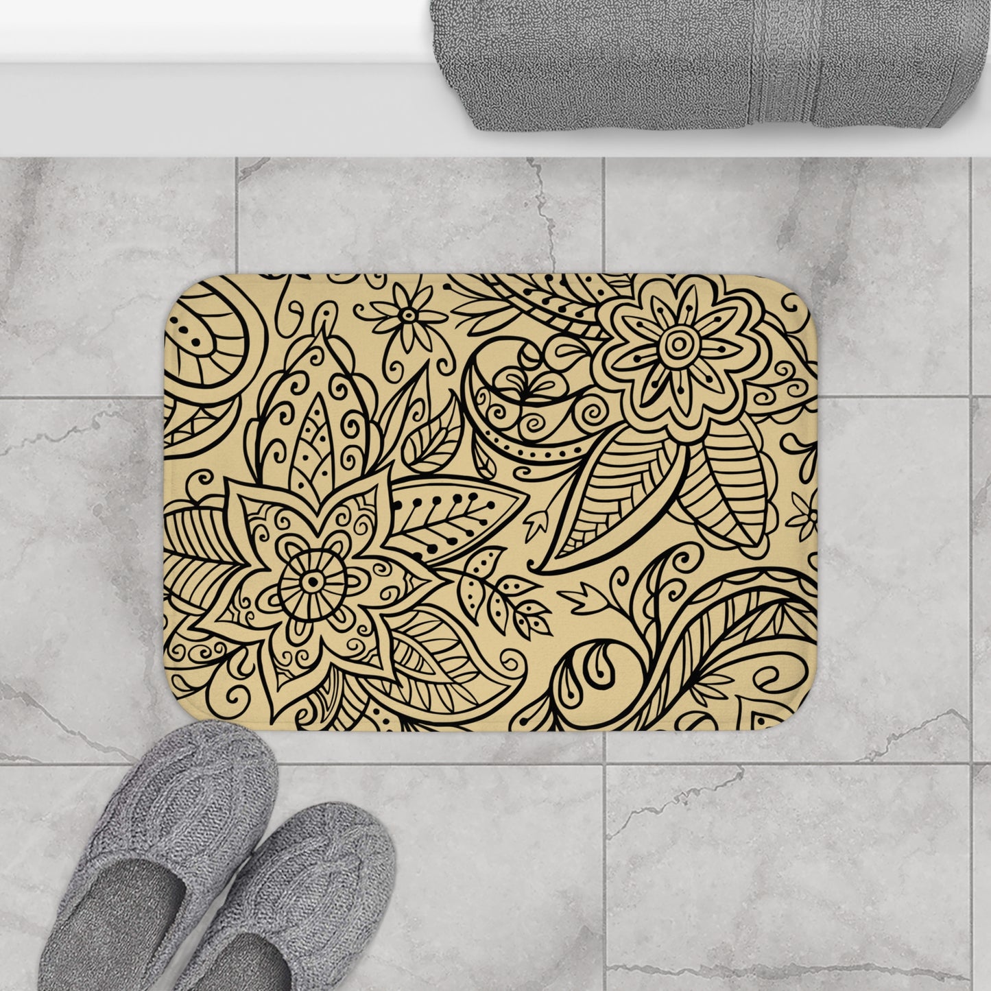 Gold And Black Graphic Floral Bath Mat