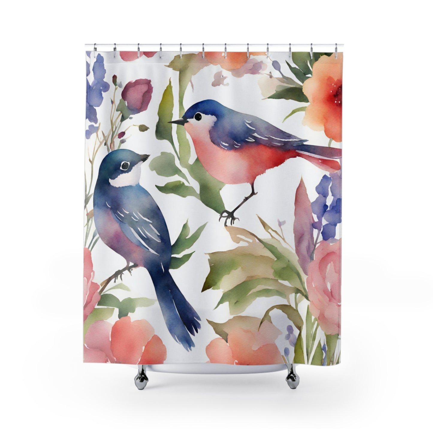 Colorful Watercolor Floral With Birds Shower Curtain